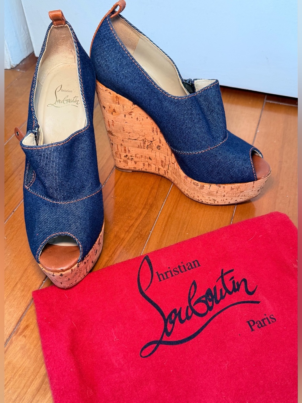 Christian Louboutin Denim Cork Wedges, EU Size 38.5